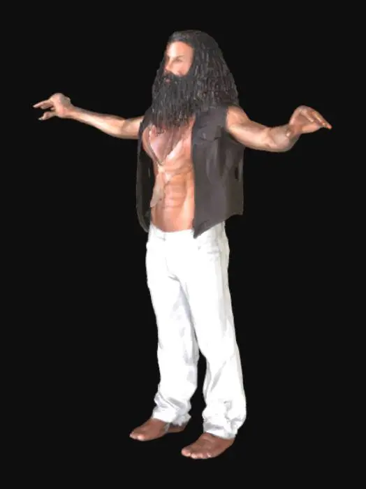 3D model for Uomo adulto, età 35-40 anni, corporatura robusta e muscolosa, altezza media (circa 1,80 m). Pelle abbronzata dal sole, braccia forti con vene visibili, mani grandi e dita callose. Petto largo e torace definito. Gambe potenti e leggermente arcuate, piedi in posizione neutra. Capelli lunghi, neri e mossi fino alle spalle. Barba folta e irregolare, leggermente arruffata, con un cammicia sporca e una giacca piccola in pelle sempre sporca e dei pantaloni bianchi sporchi, T-pose classica