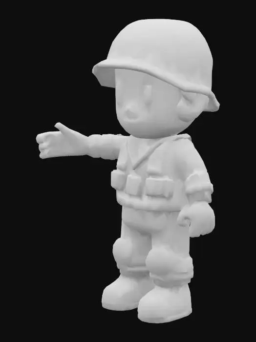 3D model for cartoonish human figure with rounded features, wearing military gear, tan desert camo like coloring on the gear,  smooth-textured surfaces, t-pose