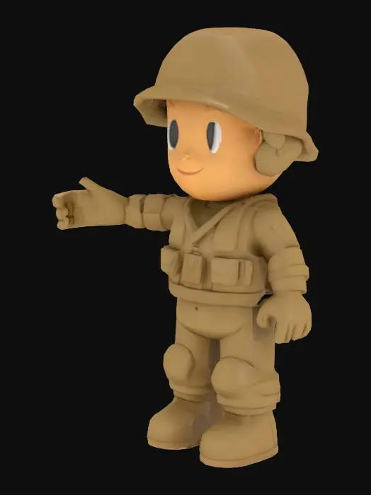 3D model for cartoonish human figure with rounded features, wearing military gear, tan desert camo like coloring on the gear,  smooth-textured surfaces, t-pose