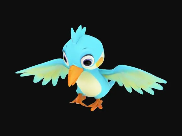 3D model for a disney pixar bird with open wings and semgment body parts with rig
