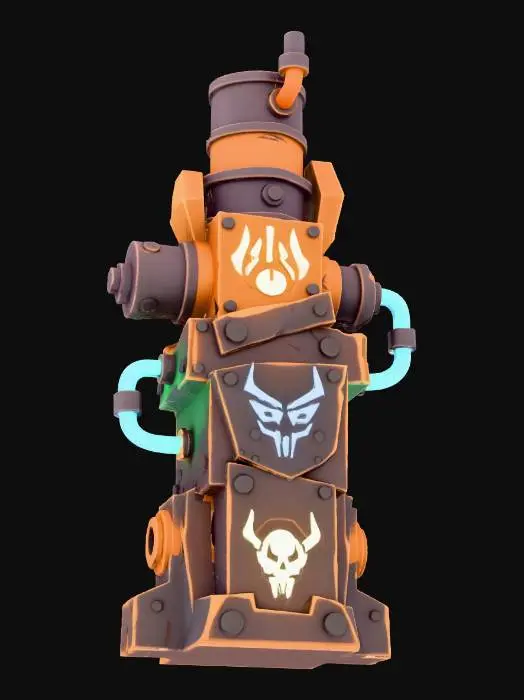 3D model for Stylized low-poly 3D game content for a Unity 6 real-time horde arena game. Clean stylized low-poly, cel-shaded toon look, hard light/shadow separation, flat colors only, no gradients, no photorealism, high contrast color blocks, clear readable silhouette. Game-ready, optimized, closed meshes only, single cel-shaded material, URP compatible.
Asset Type: Environment Prop
Prop Category:
Wasteland / Scrap / Neon / Cult
Design Description:
Modular wasteland prop used for arena decoration and visual storytelling. Chunky readable shape, exaggerated proportions, no small fragile parts. Surface detail is simple and stylized, not realistic.
Visual Details:
Flat color palette with strong contrast. Optional symbols, scratches, decals, or cult markings depending on theme. No text or logos required