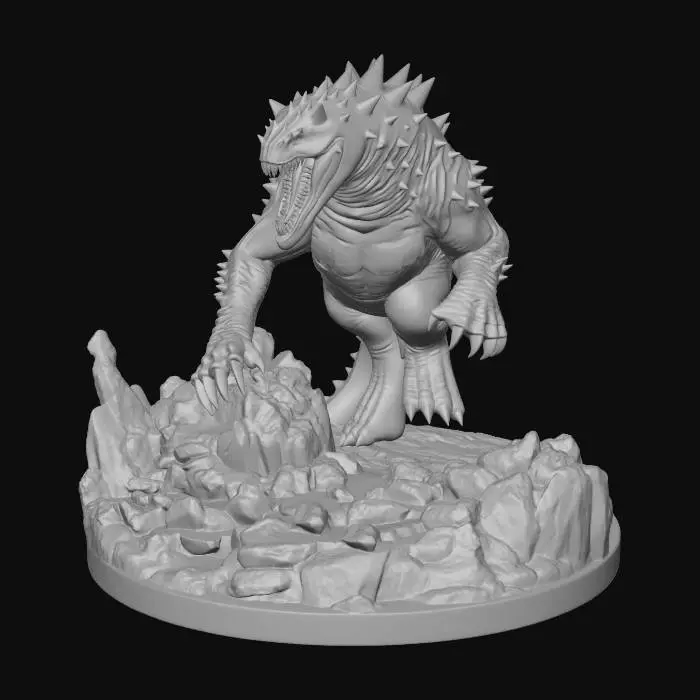 3D model for Ogromny potwór z lawy, zbudowany z ciemnej, pofałdowanej skały wulkanicznej, z płynną, jarzącą się pomarańczowo-czerwoną lawą w pęknięciach i centralnej części. Stoi w mrocznej jaskini nad wirującym basenem lawy, unoszą się kłęby dymu. Jego powierzchnia jest chropowata i ciernista, a lawa tworzy hipnotyzujący wzór. Oświetlenie pochodzi od intensywnego blasku roztopionej skały, rzucając dramatyczne cienie.