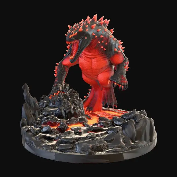 3D model for Ogromny potwór z lawy, zbudowany z ciemnej, pofałdowanej skały wulkanicznej, z płynną, jarzącą się pomarańczowo-czerwoną lawą w pęknięciach i centralnej części. Stoi w mrocznej jaskini nad wirującym basenem lawy, unoszą się kłęby dymu. Jego powierzchnia jest chropowata i ciernista, a lawa tworzy hipnotyzujący wzór. Oświetlenie pochodzi od intensywnego blasku roztopionej skały, rzucając dramatyczne cienie.