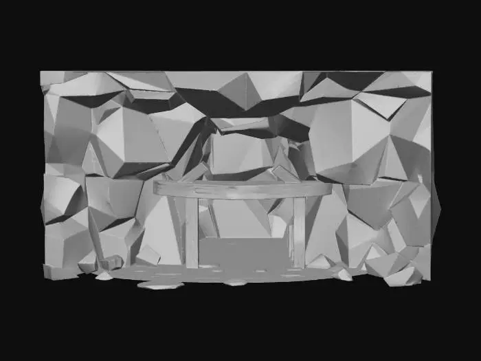 3D model for low poly stylized mine entrance for a pixel art game, simple chunky shapes, wooden support beams, small cave opening, exaggerated proportions, minimal detail, clean topology, game-ready asset, cartoon style, flat surfaces, no tiny details, centered, standalone object