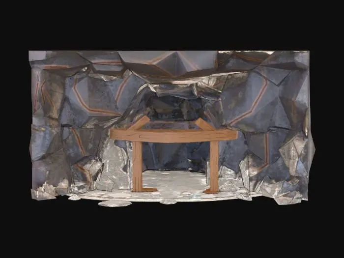 3D model for low poly stylized mine entrance for a pixel art game, simple chunky shapes, wooden support beams, small cave opening, exaggerated proportions, minimal detail, clean topology, game-ready asset, cartoon style, flat surfaces, no tiny details, centered, standalone object