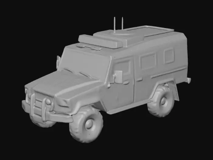 3D model for 3D model for 3D printing, military field ambulance vehicle, rugged off-road tires, medical evacuation unit, one single solid piece, no thin fragile parts. High precision CAD style, tactical aesthetic, flat base for easy bed adhesion. .STL style mesh, realistic proportions, military green color scheme reference.