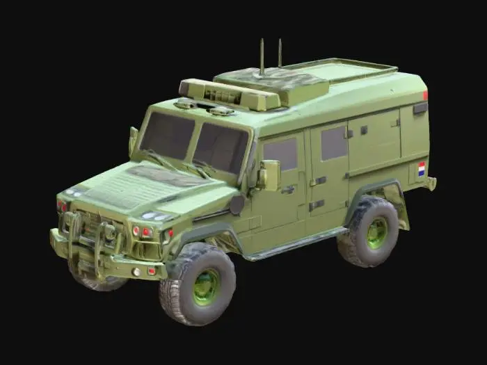 3D model for 3D model for 3D printing, military field ambulance vehicle, rugged off-road tires, medical evacuation unit, one single solid piece, no thin fragile parts. High precision CAD style, tactical aesthetic, flat base for easy bed adhesion. .STL style mesh, realistic proportions, military green color scheme reference.