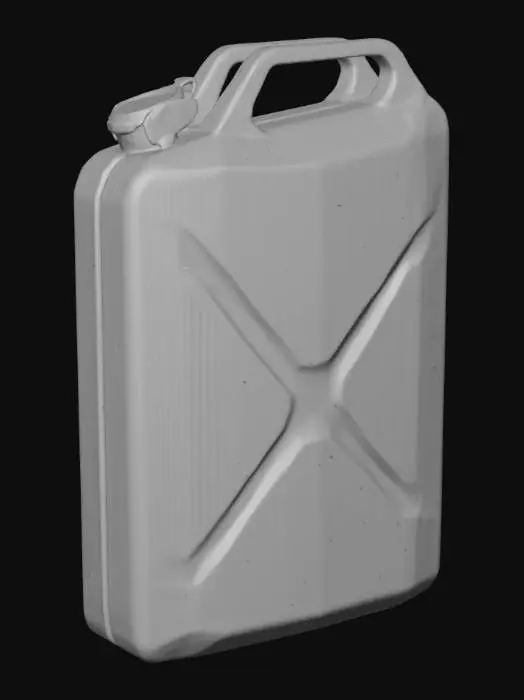 3D model for Highly detailed 3D model of a vintage 20-liter military Jerry Can, World War II style. Triple handle design on top, recessed 'X' reinforcement pattern on the sides, realistic screw cap with locking pin. Sharp edges, industrial metal texture, 1:35 scale modeling style. Manifold geometry, flat bottom for 3D printing, high-poly technical mesh.