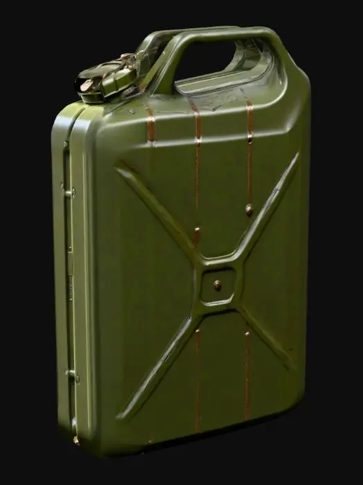 3D model for Highly detailed 3D model of a vintage 20-liter military Jerry Can, World War II style. Triple handle design on top, recessed 'X' reinforcement pattern on the sides, realistic screw cap with locking pin. Sharp edges, industrial metal texture, 1:35 scale modeling style. Manifold geometry, flat bottom for 3D printing, high-poly technical mesh.