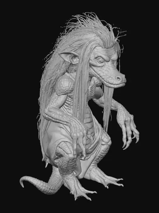 3D model for an ugly old woman in the shape of an alligator, with long blond hair and long nails, described as a hunchbacked old woman with a hideous face and wrinkled skin, with arched hands, and deep-set eyes, high quality, rendered, digital art style, ex: John Howe