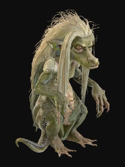 3D model for an ugly old woman in the shape of an alligator, with long blond hair and long nails, described as a hunchbacked old woman with a hideous face and wrinkled skin, with arched hands, and deep-set eyes, high quality, rendered, digital art style, ex: John Howe
