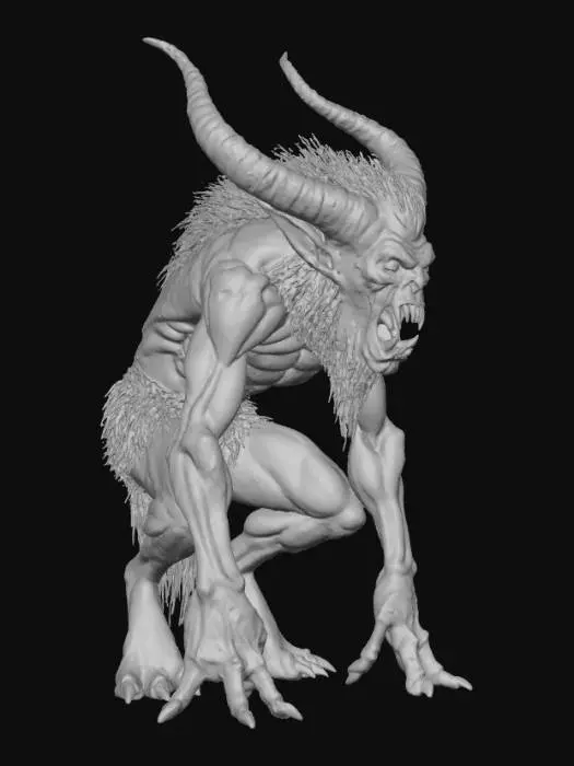 3D model for a skinny, hunchbacked orc with long arms and large, bulging red eyes, with arched arms and hair spread out like an old broom, and huge ears full of spikes as if they were gills, in a squatting position looking down fixedly with feet larger than his own body with long, monstrous nails, with a black aura coming out of him as if it were black smoke, high quality, rendered, digital art style, ex: John Howe#villain#