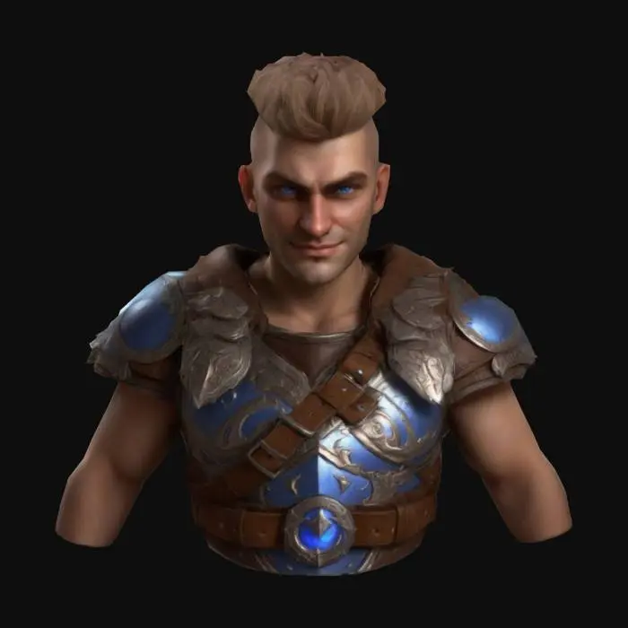 3D model for character to a fantasy  setting, depicted in a realistic art style.Rendered, simulating the word of warcraft art, this individual is a Gladiator, a man a smooth face without a beard and an extravagant smile and blue eyes,light brown hair, a short cut on the shaved side, a pompadour turned back, with leather clothing and Detailed belts, wearing shoulder pads on his left arm brown and copper armor with intricate metal details.With a cape over his shoulders of white fur and dark blue fabric.