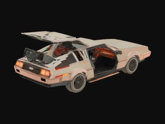 3D model for A retro-futuristic car inspired by the DeLorean DMC-12, heavily modified and aged. The body is made of brushed steel and oxidized metal with scratches, dents, and patched sections. The rear of the car features exposed mechanical systems: copper wires, rotating coils, analog dials, blinking red and green lights, and a glowing energy core suspended in place with magnetic rings. Strange tubes and asymmetrical devices are bolted onto the sides and hood. The doors are gull-wing style but partly replaced with transparent polycarbonate panels. The front is slightly longer and bulkier, with a multi-layered grille and extra headlights. The overall look is mysterious and experimental, as if the car is a homemade prototype for dimensional travel. Style should match a dark, with subtle sci-fi.