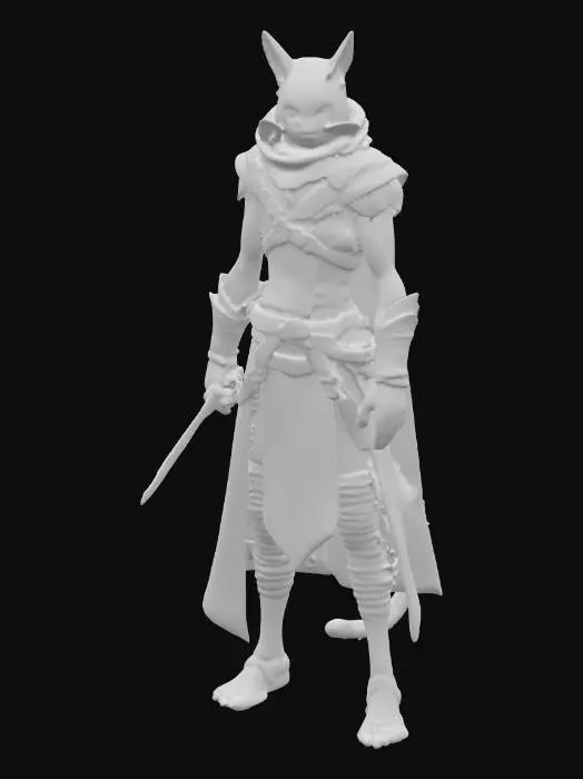 3D model for Highly detailed 3D model of a Tabaxi Rogue for D&D, dark fantasy style. Appearance: feline humanoid with sleek black fur, piercing green eyes, agile and stealthy build. Outfit: hooded cloak and dark rogue mantle, light leather armor details, subtle assassin aesthetics. Weapons: in right hand a sharp dagger, in left hand a hidden wrist blade like an assassin. Style: mysterious, agile, deadly thief. Realistic game-ready model, detailed textures (fur, cloth, leather, steel). Strong silhouette with feline elegance and stealth assassin vibe.