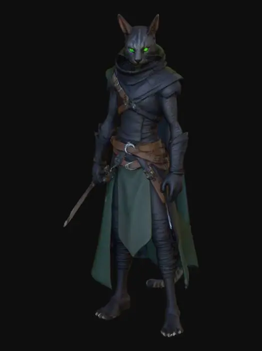 3D model for Highly detailed 3D model of a Tabaxi Rogue for D&D, dark fantasy style. Appearance: feline humanoid with sleek black fur, piercing green eyes, agile and stealthy build. Outfit: hooded cloak and dark rogue mantle, light leather armor details, subtle assassin aesthetics. Weapons: in right hand a sharp dagger, in left hand a hidden wrist blade like an assassin. Style: mysterious, agile, deadly thief. Realistic game-ready model, detailed textures (fur, cloth, leather, steel). Strong silhouette with feline elegance and stealth assassin vibe.