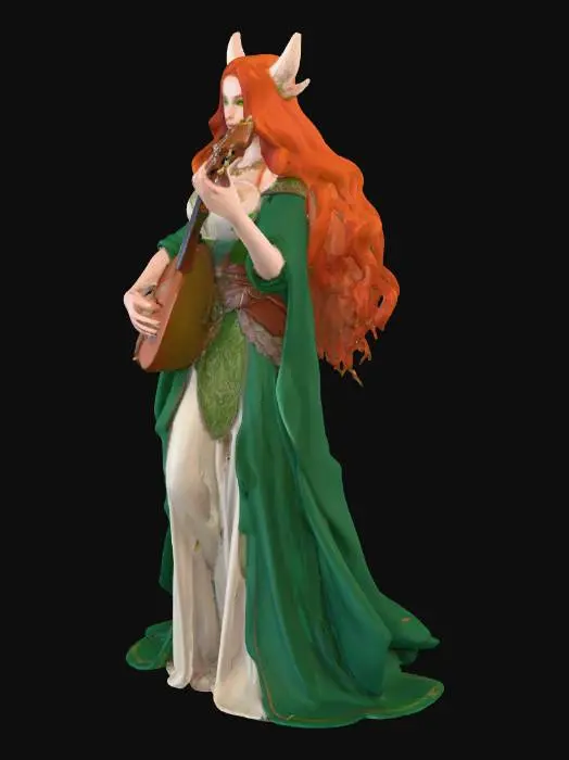 3D model for Highly detailed 3D model of a female Changeling Bard for D&D, elegant and enchanting style. Appearance: beautiful and slender young woman with fiery red hair and vivid green eyes, graceful posture, subtle changeling traits. Outfit: refined and expensive bard clothing, a noble dress with a flowing green cloak, embroidered details, elegant and magical look. She holds a lute with ornate design and glowing runes carved into the wood. At her belt hangs a leather-bound book with arcane symbols, symbolizing her knowledge. Style: charismatic performer, intelligent and alluring. Realistic game-ready model with detailed textures (cloth, embroidery, wood, glowing runes, leather book).
