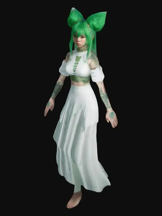 3D model for girl with green hair, warrior whith white dress in T pose