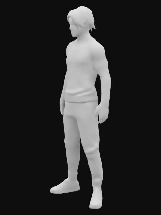 3D model for T-Post, young muscular fighter depicts a nonchalant smiling. with long black hair, his bangs partially obscuring his eyes. His skin is pale, and his arms are covered in what appears to be dried blood and wrapped in white bandages. He's wearing a dark gray, possibly charcoal, t-shirt that also shows signs of blood splatter. His pants are dark gray, loose-fitting joggers, cuffed at the ankles, and tucked into his white sneakers.