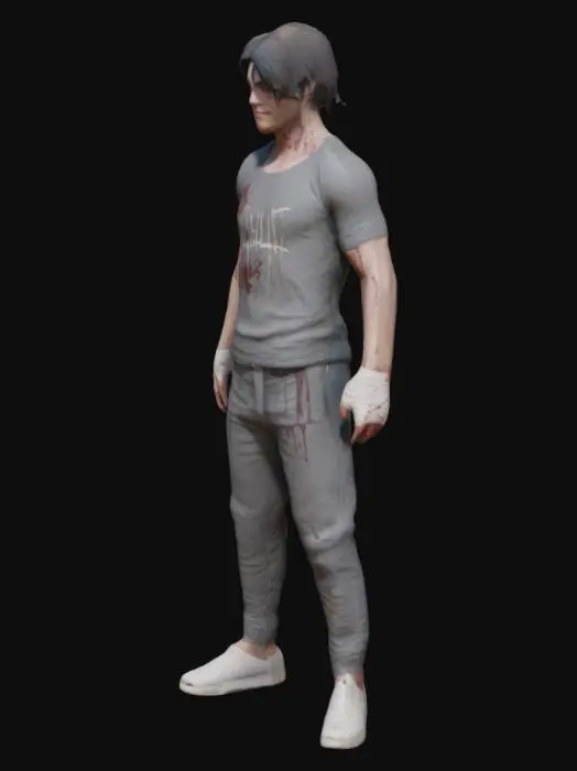 3D model for T-Post, young muscular fighter depicts a nonchalant smiling. with long black hair, his bangs partially obscuring his eyes. His skin is pale, and his arms are covered in what appears to be dried blood and wrapped in white bandages. He's wearing a dark gray, possibly charcoal, t-shirt that also shows signs of blood splatter. His pants are dark gray, loose-fitting joggers, cuffed at the ankles, and tucked into his white sneakers.