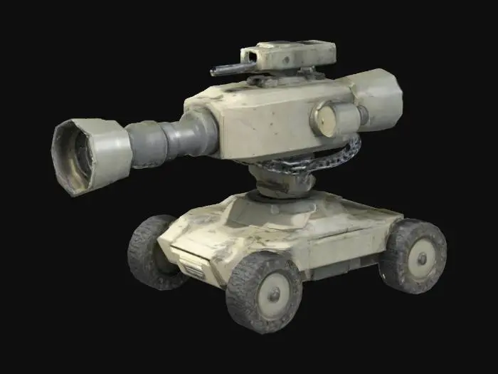3D model for auto turret with a camera and rotating barrel, armoured, bullet chain, axel, standing, portable