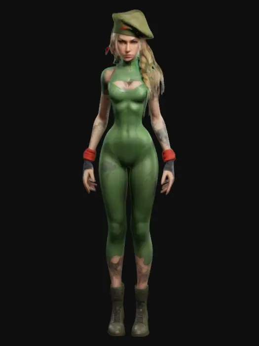 3D model for female character, cammy, street fighter 5, green leotard, camo tattoo, beret, standing in an A-pose. Style: Hyper-realistic, high-poly model with a fusion of modern street fashion and advanced technology.