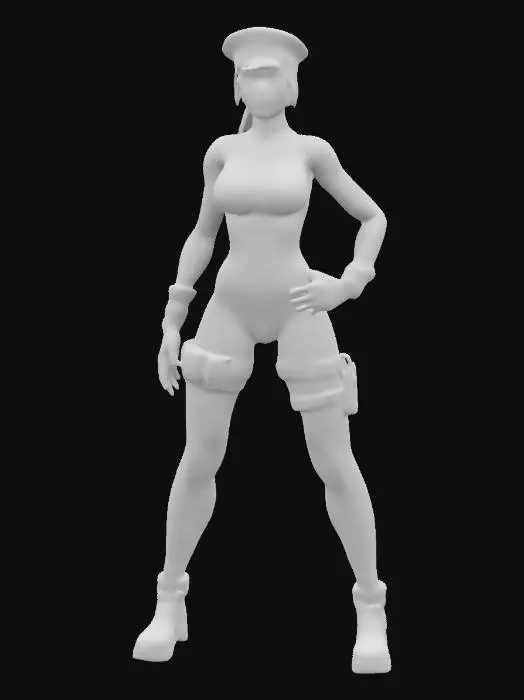 3D model for female character, cammy, street fighter 5, green leotard, camo tattoo, beret, standing in an A-pose. Style: Hyper-realistic, high-poly model with a fusion of modern street fashion and advanced technology.