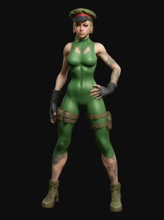 3D model for female character, cammy, street fighter 5, green leotard, camo tattoo, beret, standing in an A-pose. Style: Hyper-realistic, high-poly model with a fusion of modern street fashion and advanced technology.