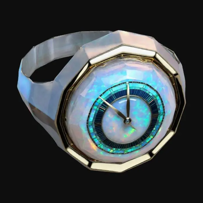 3D model for A shiney opal ring, clock, with clean futuristic with electronics #ChronoForgeWeapon#