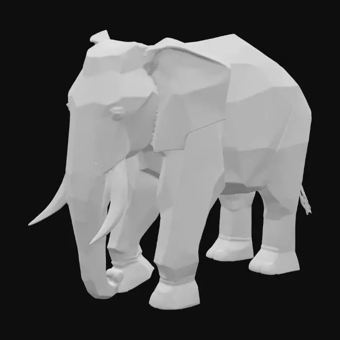 3D model for Create a stylized low poly 3D model of an elephant in a standing or walking pose. The model should have simplified geometry with clean polygonal shapes, suitable for use in a mobile or indie zoo simulator game. The elephant should have a large rounded body, thick legs, a long trunk, and big floppy ears. Use flat colors: gray for the body, darker gray for the toenails and inner ears. No textures or fur detail — just color blocks and low poly geometry. Keep the polygon count under 1500 triangles.