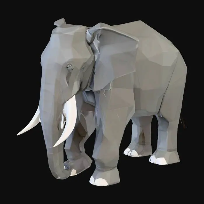 3D model for Create a stylized low poly 3D model of an elephant in a standing or walking pose. The model should have simplified geometry with clean polygonal shapes, suitable for use in a mobile or indie zoo simulator game. The elephant should have a large rounded body, thick legs, a long trunk, and big floppy ears. Use flat colors: gray for the body, darker gray for the toenails and inner ears. No textures or fur detail — just color blocks and low poly geometry. Keep the polygon count under 1500 triangles.