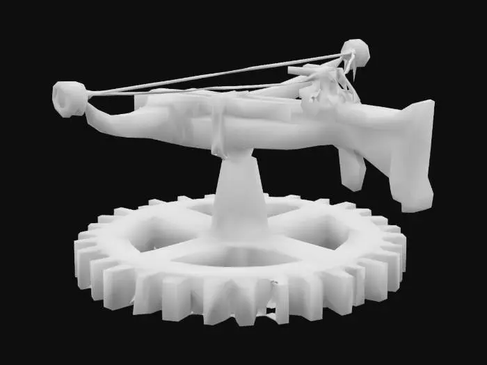 3D model for a huge wooden crossbow on a big wooden gear