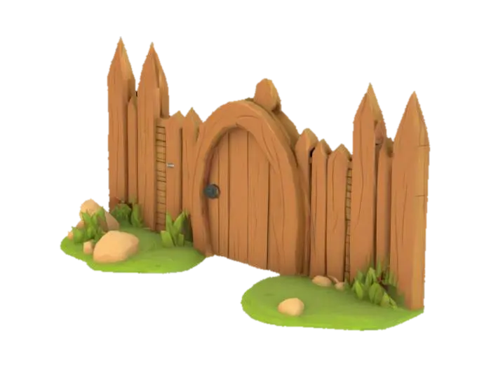a lowpoly cartoonish wooden palisade entrance 3D model, vytvořený pomocí AI