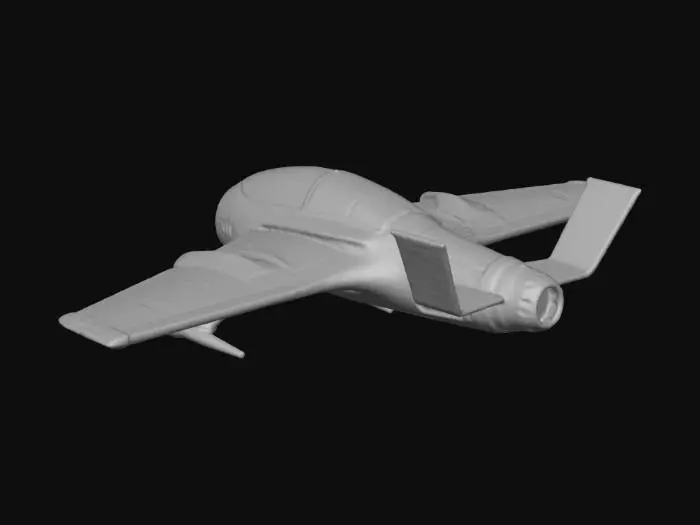 3D model for Sci-fi Patrol Drone, low poly enemy, flat shading, retro-futuristic geometric style, compact aerodynamic body, wings/stabilizers with neon accents, central magenta/orange neon eye/sensor, dark metal/chitin material, pure white background,