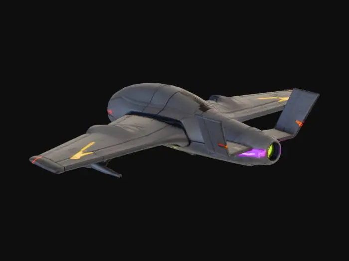 3D model for Sci-fi Patrol Drone, low poly enemy, flat shading, retro-futuristic geometric style, compact aerodynamic body, wings/stabilizers with neon accents, central magenta/orange neon eye/sensor, dark metal/chitin material, pure white background,