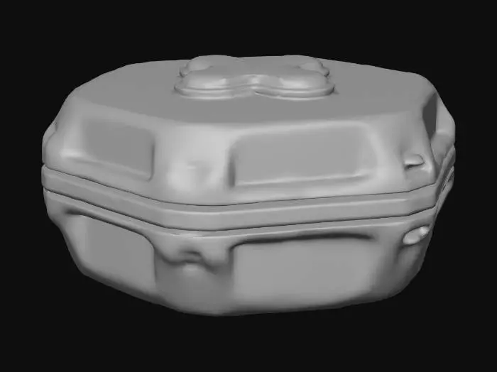 3D model for Low poly sci-fi Health Pack. Retro-futuristic geometric style. Compact hexagonal form. Prominent glowing green neon medical cross. Light grey metallic body. Pure white background. Diffuse lighting. Isometric view.