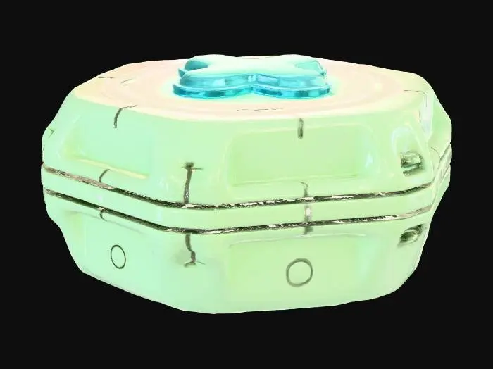 3D model for Low poly sci-fi Health Pack. Retro-futuristic geometric style. Compact hexagonal form. Prominent glowing green neon medical cross. Light grey metallic body. Pure white background. Diffuse lighting. Isometric view.