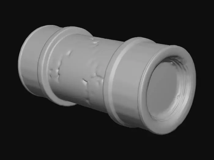 3D model for Low poly sci-fi Explosive Barrel. Industrial hazard style. Cylindrical shape. Yellow and black warning stripes. Glowing unstable red neon core cracks. Dark metal casing. Pure white background. Diffuse lighting. Isometric view