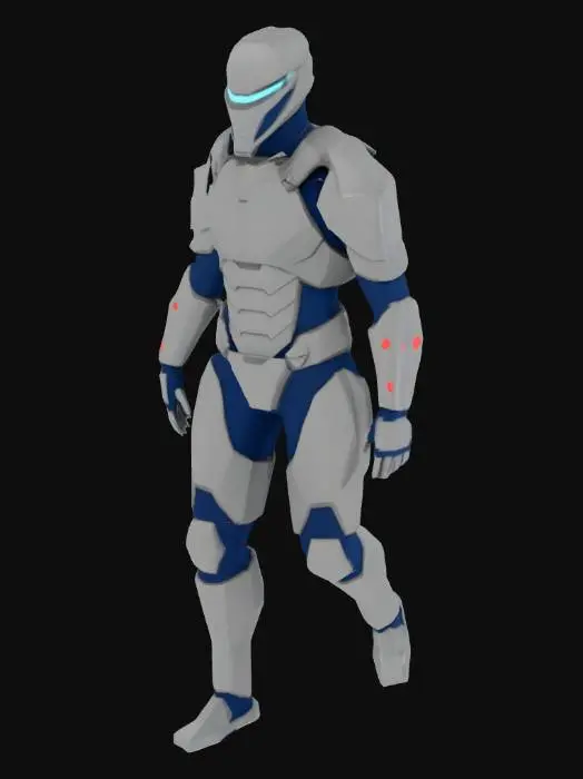 3D model for A low-poly sci-fi human protagonist stands ready, clad in angular, matte charcoal-gray armor plates layered over dark navy synthetic fabric. A sleek helmet features a glowing blue visor. The geometric structure boasts sharp edges, combining rigid metallic and textured textile materials, accented by subtle red utility lights. Its tactile quality is smooth and firm, embodying a streamlined, capable form.