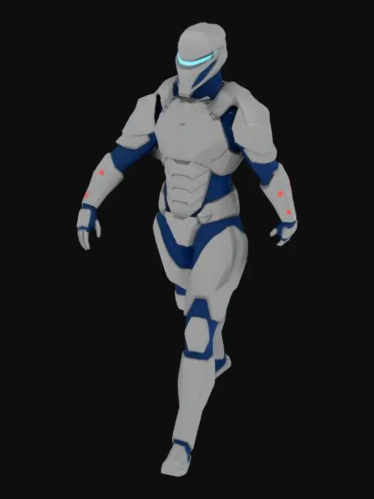 3D model for A low-poly sci-fi human protagonist stands ready, clad in angular, matte charcoal-gray armor plates layered over dark navy synthetic fabric. A sleek helmet features a glowing blue visor. The geometric structure boasts sharp edges, combining rigid metallic and textured textile materials, accented by subtle red utility lights. Its tactile quality is smooth and firm, embodying a streamlined, capable form.