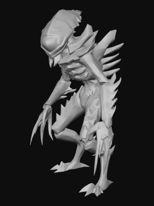3D model for A low-poly alien enemy appears gaunt and angular, with sharp, jagged limbs and a segmented, insectoid body structure. Its rough, dark green chitinous plates gleam faintly, layered over exposed purple bio-luminescent joints. A single, piercing orange eye dominates its triangular head. The form is predatory and menacing, featuring a firm, spiky tactile quality, embodying a hostile extraterrestrial threat.
