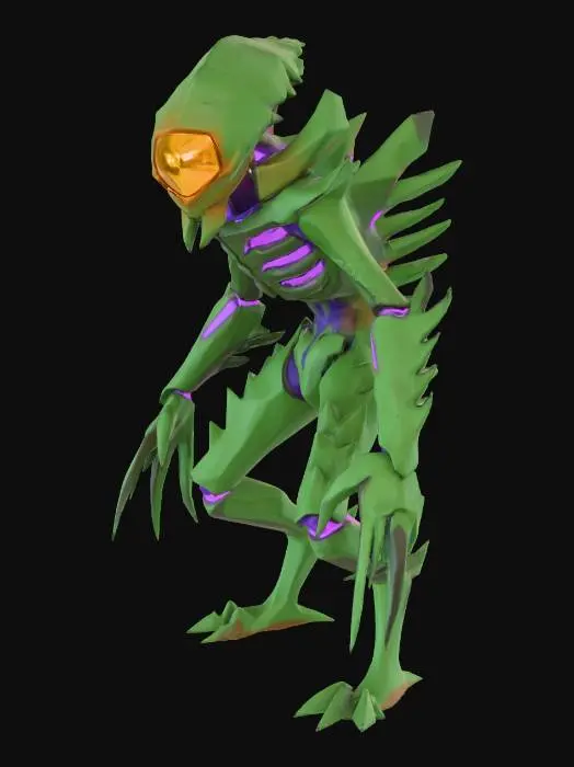 3D model for A low-poly alien enemy appears gaunt and angular, with sharp, jagged limbs and a segmented, insectoid body structure. Its rough, dark green chitinous plates gleam faintly, layered over exposed purple bio-luminescent joints. A single, piercing orange eye dominates its triangular head. The form is predatory and menacing, featuring a firm, spiky tactile quality, embodying a hostile extraterrestrial threat.