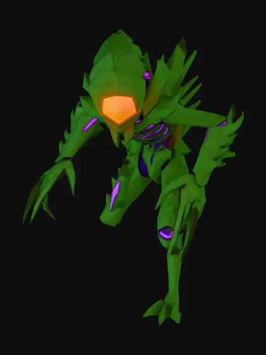 3D model for A low-poly alien enemy appears gaunt and angular, with sharp, jagged limbs and a segmented, insectoid body structure. Its rough, dark green chitinous plates gleam faintly, layered over exposed purple bio-luminescent joints. A single, piercing orange eye dominates its triangular head. The form is predatory and menacing, featuring a firm, spiky tactile quality, embodying a hostile extraterrestrial threat.