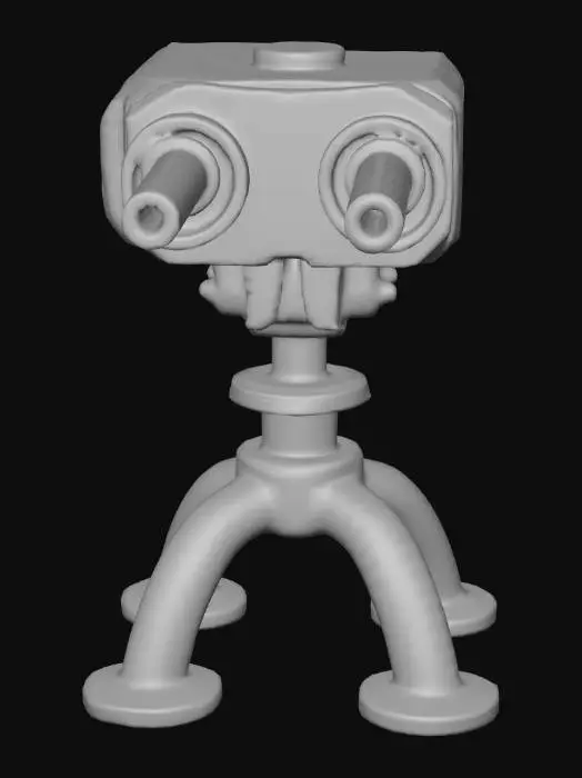 3D model for Low poly sci-fi Sentry Turret. Retro-futuristic style. Heavy tripod base. Twin gatling barrels. Gunmetal grey body with orange neon ammo feeds. Pure white background. Diffuse lighting. Isometric view.