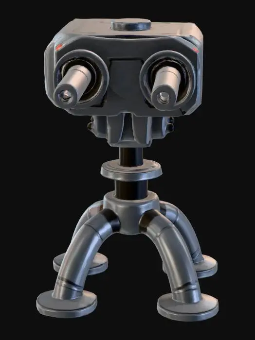 3D model for Low poly sci-fi Sentry Turret. Retro-futuristic style. Heavy tripod base. Twin gatling barrels. Gunmetal grey body with orange neon ammo feeds. Pure white background. Diffuse lighting. Isometric view.