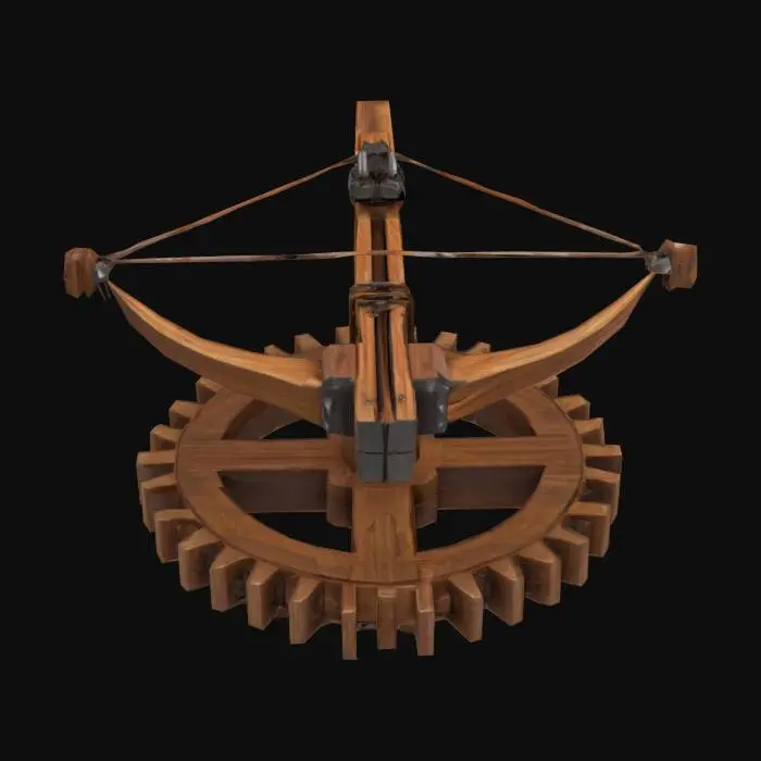 3D model for a huge wooden crossbow on a big wooden gear