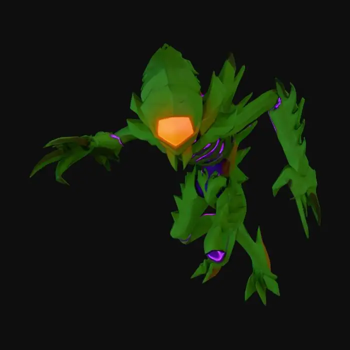 3D model for A low-poly alien enemy appears gaunt and angular, with sharp, jagged limbs and a segmented, insectoid body structure. Its rough, dark green chitinous plates gleam faintly, layered over exposed purple bio-luminescent joints. A single, piercing orange eye dominates its triangular head. The form is predatory and menacing, featuring a firm, spiky tactile quality, embodying a hostile extraterrestrial threat.