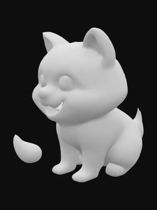 3D model for A 3D cartoon-style Shiba Inu dog with a funny smile and wide eyes, sitting, yellow fur, meme-style face, simple low-poly, Roblox style