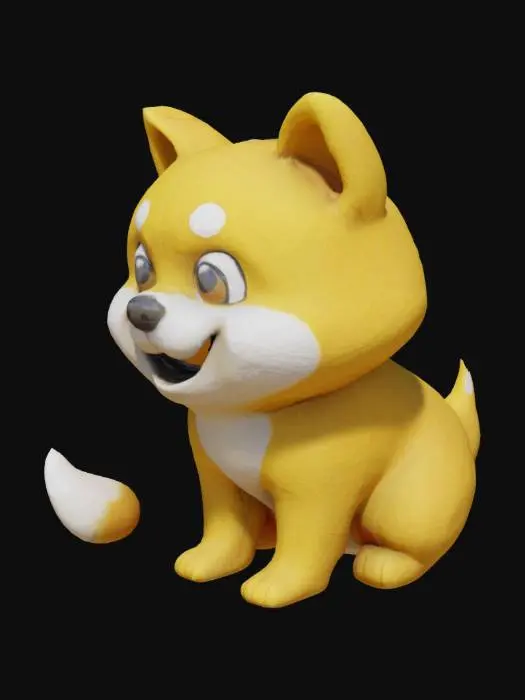 3D model for A 3D cartoon-style Shiba Inu dog with a funny smile and wide eyes, sitting, yellow fur, meme-style face, simple low-poly, Roblox style