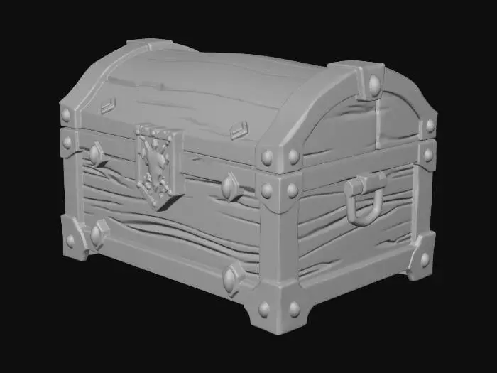 3D model for Low poly fantasy treasure chest, stylized RPG game asset, wooden chest with golden metal edges, game-ready 3D model